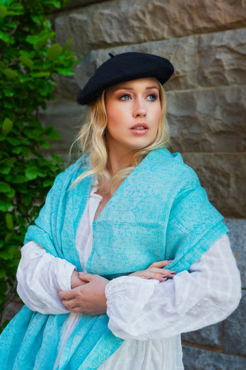 Ocean Mist – Artisan Woven Aqua Cashmere Stole